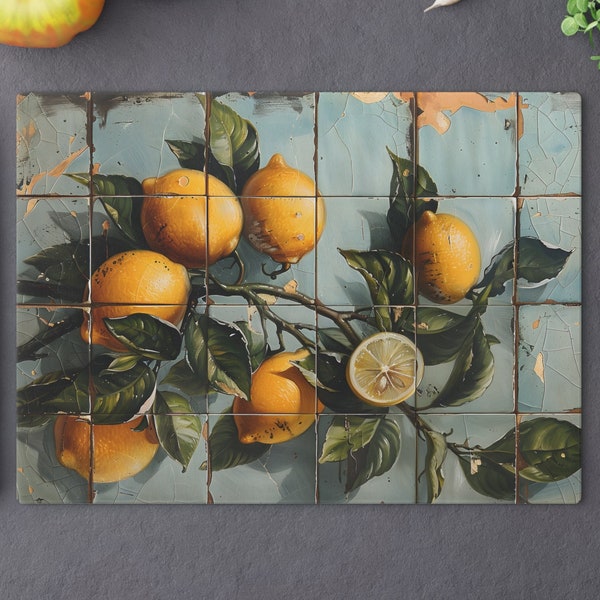 Lemons Glass Cutting Board in Mediterranean Tile Style Kitchen Housewarming Gifts, Chopping Board With Lemon Fruit Design
