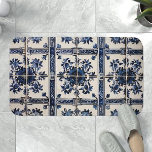 Blue Floral Tile Bath Mat: Memory Foam Bathroom Rug