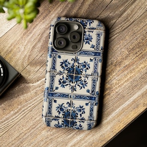 Phone Tough Case in Azulejo Porcelain Blue Tile Mediterranean Design (available for latest iPhone models, Google Pixel, Samsung Galaxy)