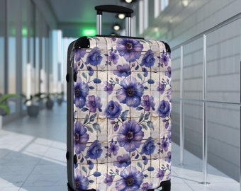 Purple Floral Suitcase in Vintage Tile Design