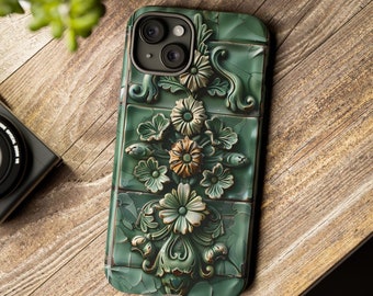 Funda para teléfono verde salvia con diseño de azulejos florales mediterráneos (disponible para los últimos modelos de iPhone, Google Pixel y Samsung Galaxy)