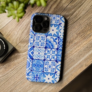 MagSafe Blue iPhone Case (Tough) Compatible with iPhones 13, 14 and 15 (Pro, Plus, Pro Max or Mini) Azulejo Phone Case Colourful