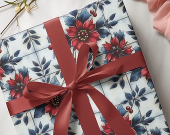 Mediterranean Yule Gift Wrapping Paper: Vintage Christmas Style, Red Florals on White & Blue Tile