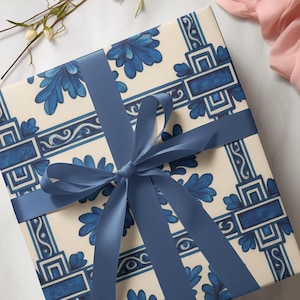 Blue Floral Tile Gift Wrap Paper: Mediterranean Azulejo Pattern