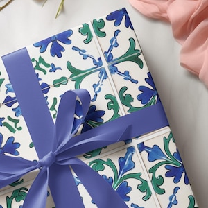 Mediterranean Gift Wrapping Paper: Blue & Teal Floral Tile Design