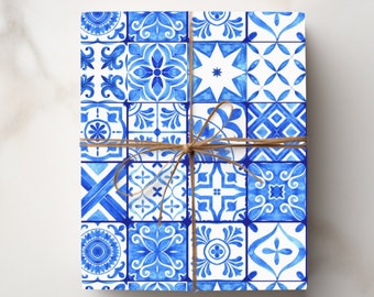 Azulejo Gift Wrapping Papers in Blue Mediterranean Tile