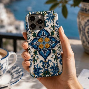 Blue Mediterranean Tile Phone Case: Ornate Coastal Ceramic iPhone  Google Pixel Cover, Portuguese Boho Samsung Galaxy Shell