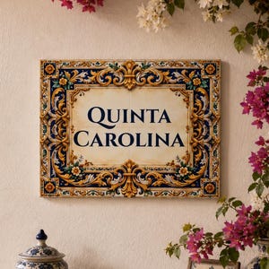 May include: A rectangular ceramic wall plaque featuring the text QUINTA CAROLINA in dark blue lettering. The plaque is framed by an ornate border with yellow, blue, and white floral and scroll patterns on a cream-coloured background.