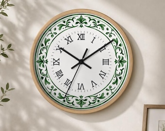 Green Portuguese Azulejo Wall Clock | Mediterranean Tile Decor | Roman Numeral Kitchen Clock | Coastal Home Decor | Housewarming Gift