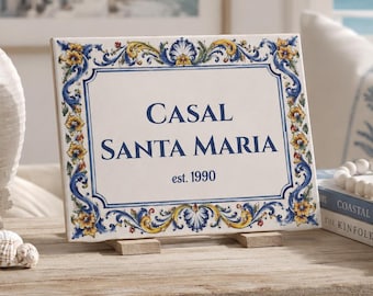 Custom House Name Ceramic Tile | Personalized House Sign | Family Name Heirloom Plaque | Mediterranean Home Decor - Portuguese Italian Greek