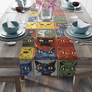 Table Runner, Vibrant Cat Tile Pattern, Home Decor, Kitchen Linens, Dining Table Decor, Cat Lover Gift, Cotton, Poly