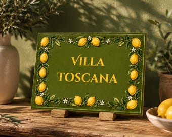 Personalized Olive Green Lemon Ceramic Tile, Custom Villa Sign, Mediterranean House Plaque, Italian Lemon Decor, Matte or Glossy Finish
