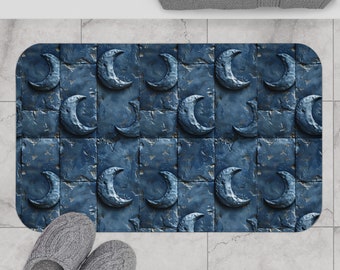 Blue Bath Mat in Moon Tile Design, Non Slippery Blue Floral Bath Bat, Bathroom Decor