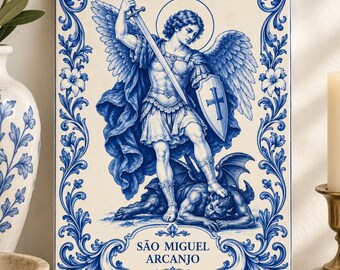 Saint Michael Archangel Ceramic Tile, São Miguel Arcanjo Portuguese Azulejo Icon, Catholic Religious Gift, Blue White Saint Michael Decor