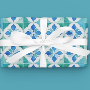 Vintage Mediterranean Tile Gift Wrapping Paper: Teal Holiday Present Wrap