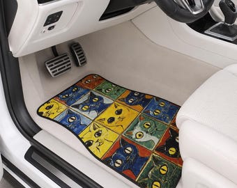 Colorful Cat Car Floor Mats, Ceramic Tile Inspired Auto Mats, Cute Cat Lover Car Decor, Front and Rear Vehicle Floor Mat Gift