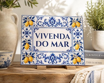 Custom Ceramic Tile House Sign, Villa Name Plaque, Blue Lemon Portuguese Azulejo Decor, Italian Home Gift, Persionalized Spanish Finca
