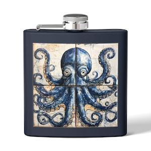 Octopus Hip Flask, Nautical Gift for Him, Blue Ocean Flask, Coastal Sailor Gift, Sea Lover Gift, Mediterranean Sailor
