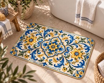 Mediterranean Bath Mat, Blue Yellow Floral Bathroom Rug, Portuguese Azulejo Decor, Spanish Tile Style Floor Mat, Colorful Bathroom Decor