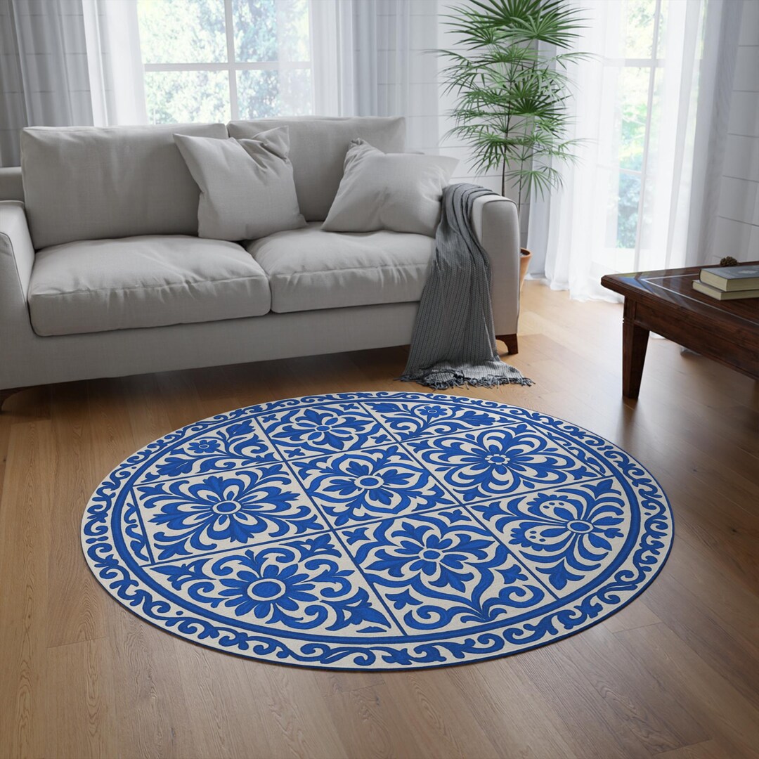 Portuguese Tile Round Rug, Blue Azulejo Mediterranean Floral Carpet ...