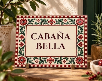 Personalized Ceramic House Sign, Spanish Tile Name Plaque, Custom Cabaña Sign, Red Green Mediterranean Decor, Christmas Housewarming Gift