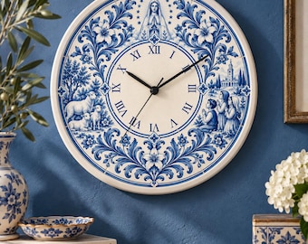 Our Lady of Fatima Wall Clock, Nossa Senhora de Fátima, Portuguese Azulejo Clock, Blue White Catholic Decor, Portugal Religious Gift