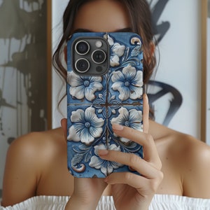 Vintage Tile Phone Case in Floral Azulejo Mediterranean Blue Tile Design (available for latest iPhone models, Google Pixel, Samsung Galaxy)