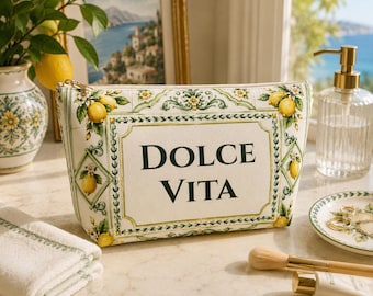 Custom Makeup Bag | Personalized Cosmetic Pouch | Name Toiletry Bag | Green Travel Organizer | Lemon Mediterranean Gift