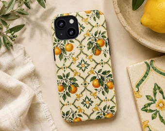 Orange Tile Phone Case, Mediterranean iPhone Case, Portuguese Azulejo Samsung Case, Italian Citrus Google Pixel Cover, MagSafe