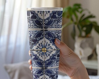 Vaso de acero inoxidable con motivo de azulejos portugueses azules: taza de café térmica