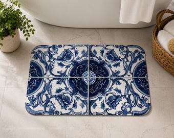 Blue Mediterranean Tile Bath Mat: Non-Slip Microfiber Bathroom Decor Rug