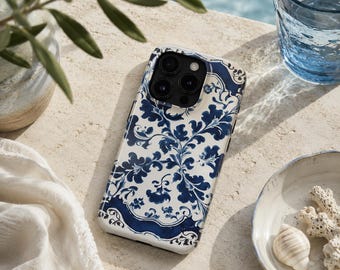 Blue Azulejo Phone Case, Portuguese Tile iPhone Case, Coastal Ceramic Aesthetic Case, Mediterranean Blue Tough Case, Delft Inspired Cover