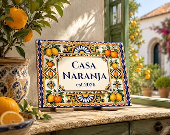 Personalized Spanish Tile Sign, Casa Naranja Ceramic Plaque, Custom Family Name Tile, Mediterranean Orange Decor, Spanish Housewarming Gift