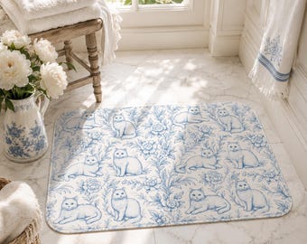 Blue Toile Cat Bath Mat, French Country Bathroom Rug, Cottagecore Cat Decor, Shabby Chic Bathroom Mat, Cat Lover Bathroom Gift