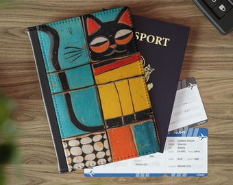 Abstract Cat Passport Cover: Kitsch Travel Wallet, RFID Protection