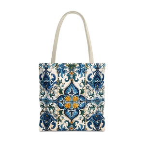 Mediterranean Tote Bag, Portuguese Tile Beach Bag, Blue Floral Azulejo Shopping Tote image 5
