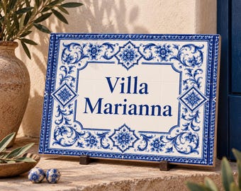Blue Custom Name Ceramic Tile in Mediterranean Style, Portuguese Azulejo House Name Sign, Spanish Talavera Villa Sign, Home Gift