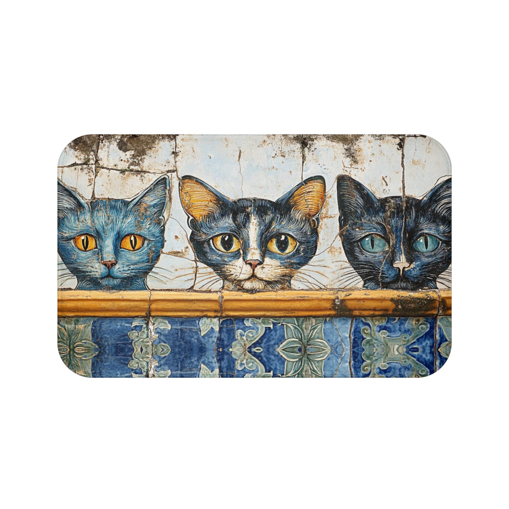 バスマット - ヴィンテージスタイルの3匹の猫、滑り止め、柔らかい低
