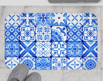 Badematte mit portugiesischen Fliesen: Rutschfeste Azulejo Blau & Weiß mediterranes Badezimmer Dekor