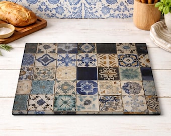 Blue Tile Glass Cutting Board: Vintage Mediterranean Kitchen Decor