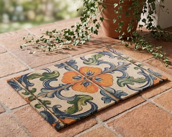 Mediterranean Tile Doormat: Eco-Friendly Coconut Fiber, Floral Azulejo Design