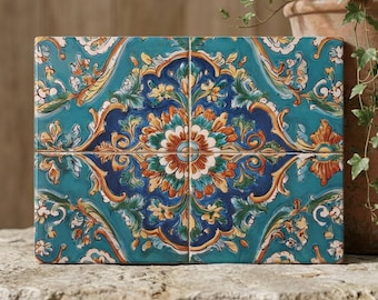 Glass Cutting Board, Mediterranean Teal Tile Design With Moorish Inspiration, Persian Ornament Motif