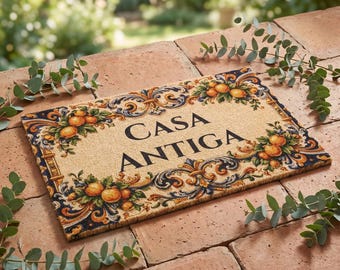 Personalized Mediterranean Doormat | Custom Family Name Coir Door Mat | Portuguese Azulejo Entry Rug | Citrus Welcome Mat, Housewarming Gift