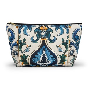 Kosmetiktasche, Kulturbeutel mit Reißverschluss im lebhaften Azulejo-Muster, Teal Majolika Make-up-Tasche, kleine Geschenke für Sie, Reisebeutel, maurisches Blau