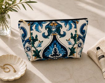 Portuguese Azulejo Makeup Bag, Mediterranean Cosmetic Pouch, Blue Ceramic Tile Travel Zipped Organizer, Coastal Toiletry Bag