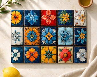 Colorful Floral Azulejo Glass Cutting Board, Portuguese Tile Kitchen Decor, Mediterranean Serving Board, Ceramic Tile Inspired Gift