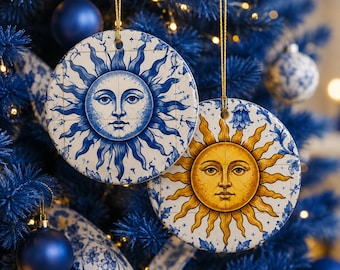 Whimsical Celestial Sun Ornament, Double Sided, Portuguese Azulejo Ceramic Ornament, Retro Blue Christmas Decor, Coastal Holiday Gift