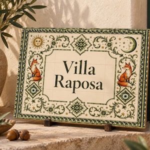 May include: A rectangular ceramic tile sign featuring the text Villa Raposa in dark green lettering. The border is decorated with green scrollwork, two orange foxes, a sun, and a crescent moon on a cream background, supported by a dark stand.