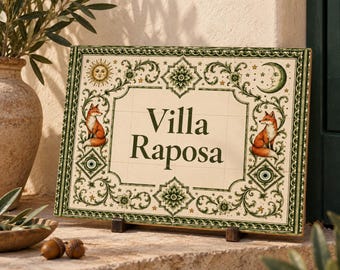 Personalized Fox House Sign, Custom Ceramic Tile, Green Portuguese Azulejo, Celestial Sun Moon Decor, Cottagecore Housewarming Gift