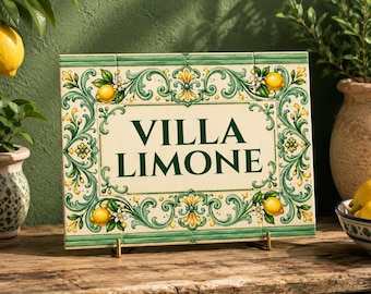 Custom Italian Lemon Ceramic Tile Sign, Personalized Villa Name Tile, Mediterranean Kitchen Decor, Amalfi Azulejo House Sign Gift